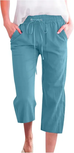 Women's Joggers Casual Straight Leg Capri Soft Pants Elastic Waist Lightweight Beach Capri Trouser with Pockets