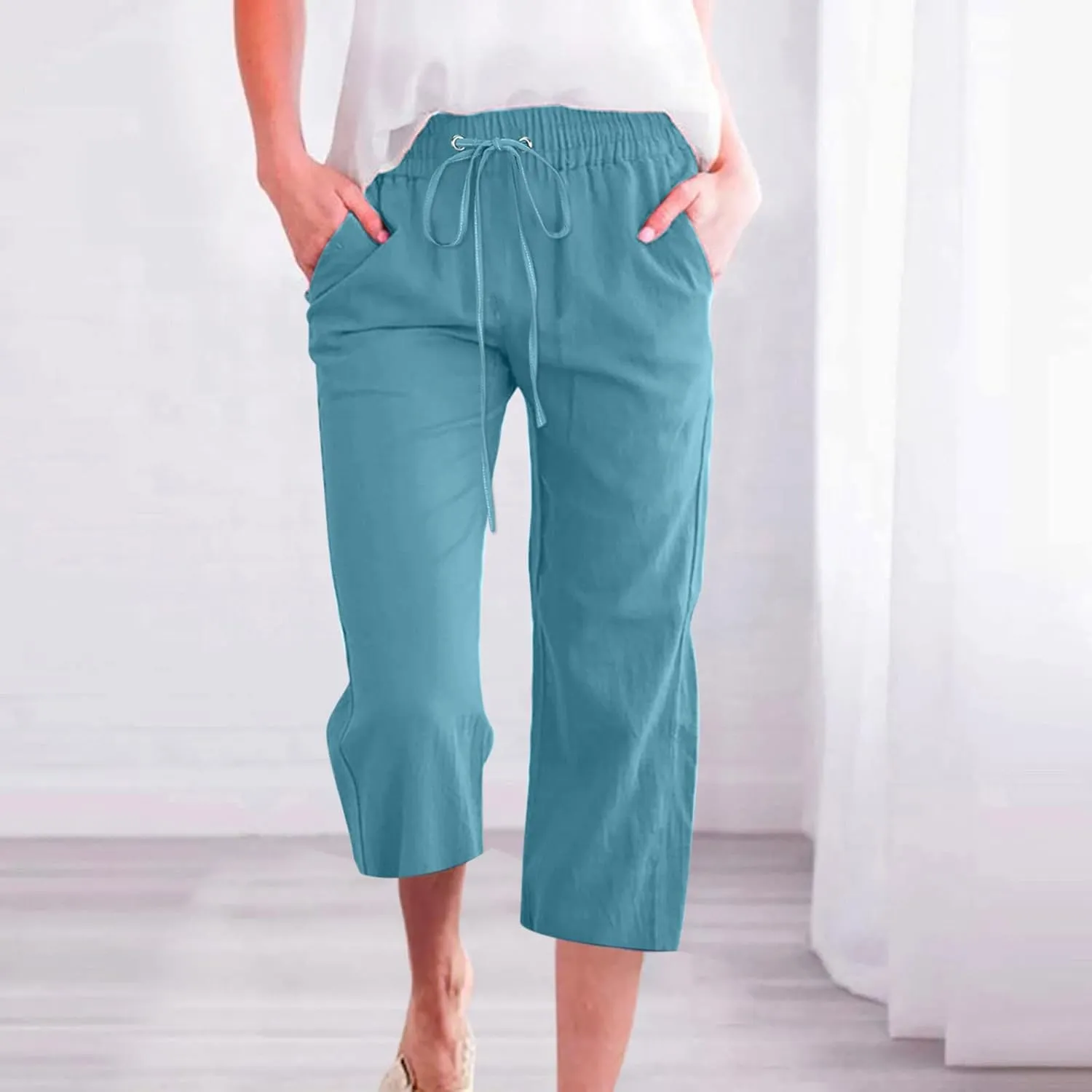 Women's Joggers Casual Straight Leg Capri Soft Pants Elastic Waist Lightweight Beach Capri Trouser with Pockets