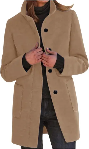 Women's Lapel Collar Single Breasted Fall Winter Warm Coats Wool Blend Pea Coats Casual Solid Color Mid Long Outerwear