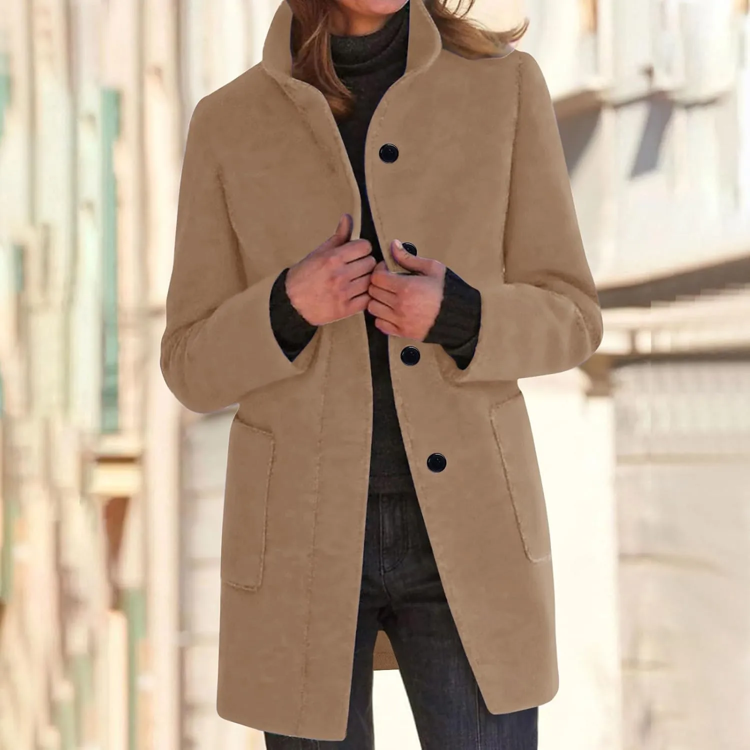 Women's Lapel Collar Single Breasted Fall Winter Warm Coats Wool Blend Pea Coats Casual Solid Color Mid Long Outerwear