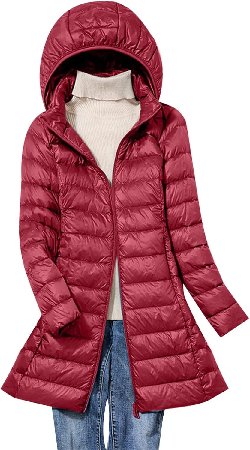 Women's Lightweight Down Jacket Zip Up Plus Size Hooded Quilted Puffer Jackets Mid-Length Winter Coats