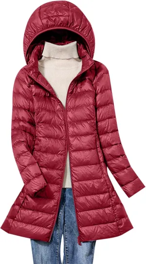 Women's Lightweight Down Jacket Zip Up Plus Size Hooded Quilted Puffer Jackets Mid-Length Winter Coats