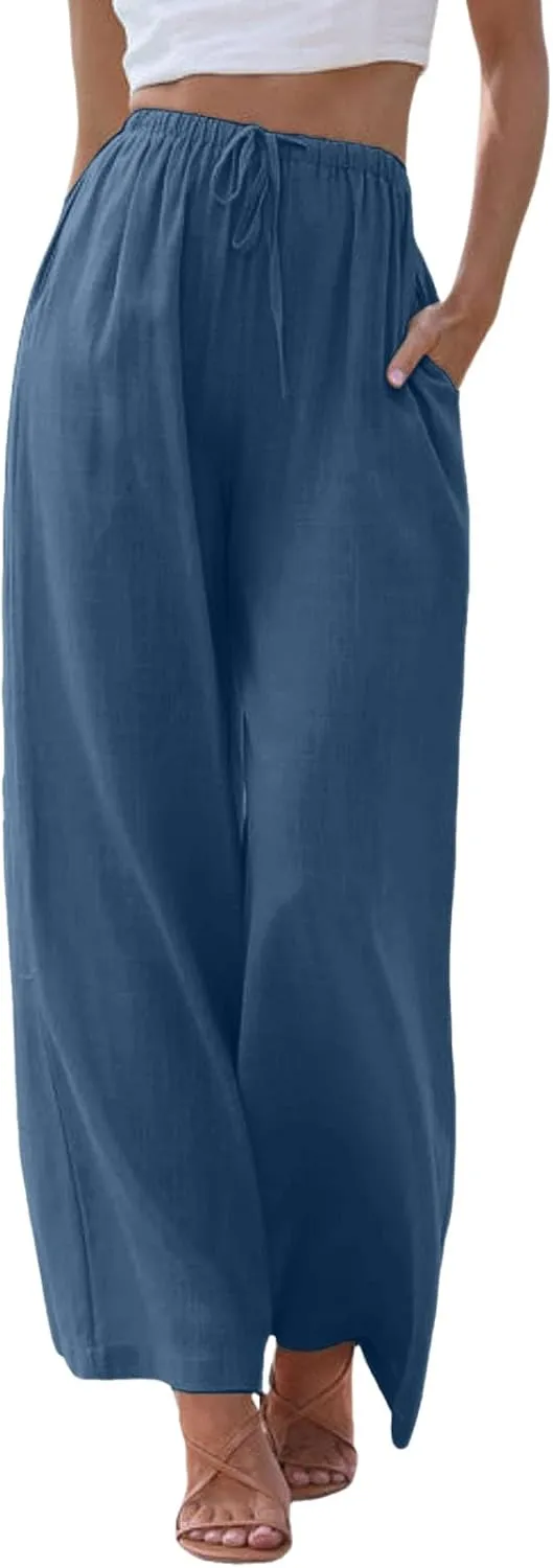 Womens Linen Palazzo Pants Flowy High Waisted Wide Leg Pants Casual Summer Loose Comfy Beach Pant Lightweight Trousers