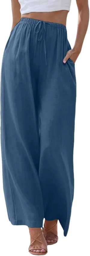 Womens Linen Palazzo Pants Flowy High Waisted Wide Leg Pants Casual Summer Loose Comfy Beach Pant Lightweight Trousers