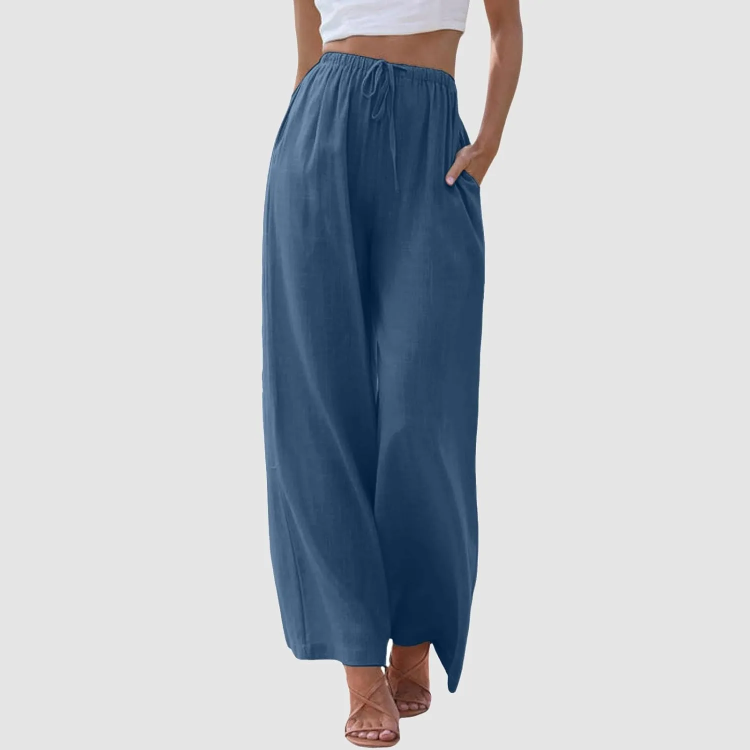Womens Linen Palazzo Pants Flowy High Waisted Wide Leg Pants Casual Summer Loose Comfy Beach Pant Lightweight Trousers