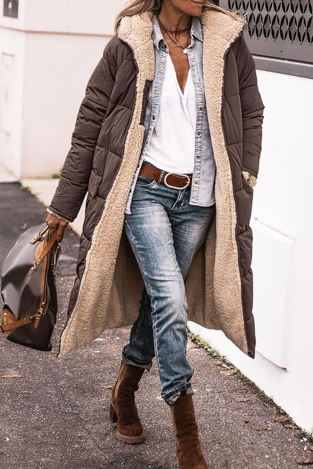Womens Long Puffer Jackets Zip Up Hoodie Quilted Jacket Winter Warm Down Jacket Sherpa Fleece Lined Reversible Coat