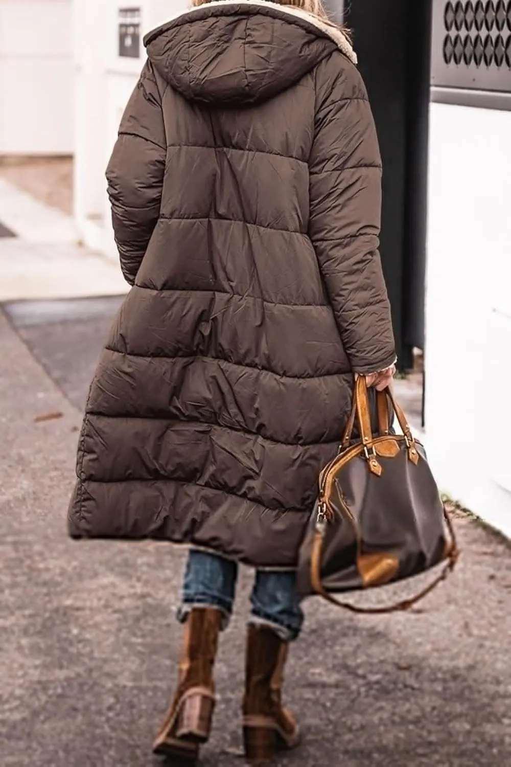 Womens Long Puffer Jackets Zip Up Hoodie Quilted Jacket Winter Warm Down Jacket Sherpa Fleece Lined Reversible Coat