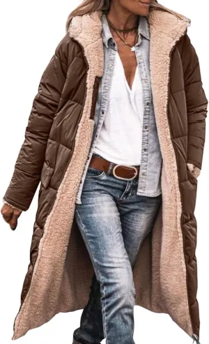 Womens Long Puffer Jackets Zip Up Hoodie Quilted Jacket Winter Warm Down Jacket Sherpa Fleece Lined Reversible Coat