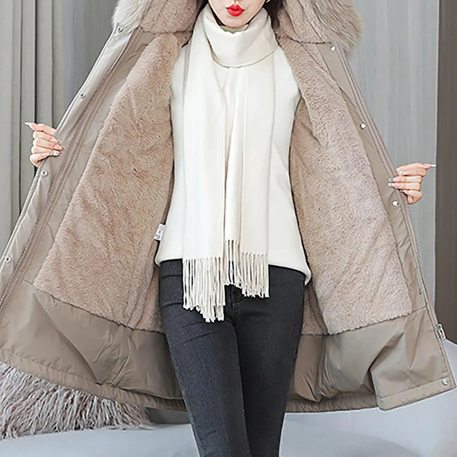 Women's Long Winter Quilted Puffer Coat Warm Maxi Down Jacket Faux Fur Fleece Hood Parka Outerwear with Hooded