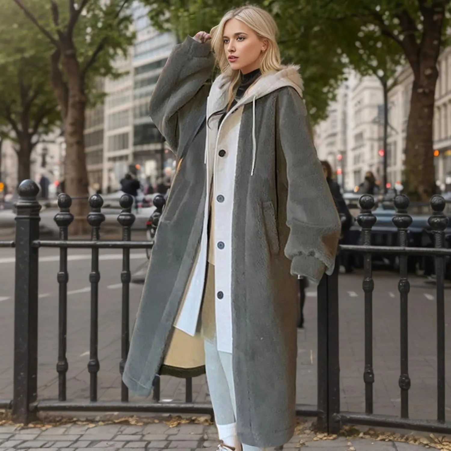 Women's Long Wool Coats Long Sleeve Oversized Hoodie Jacket Pockets Drawstring Winter Warm Trench Casual Outerwear