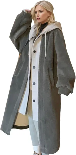 Women's Long Wool Coats Long Sleeve Oversized Hoodie Jacket Pockets Drawstring Winter Warm Trench Casual Outerwear