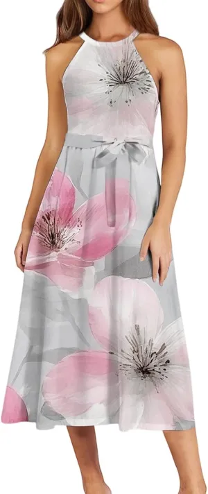 Womens Midi Halter Floral Dresses Casual Summer Flowy A Line Sundress Tie Empire Waist Sleeveless Frocks