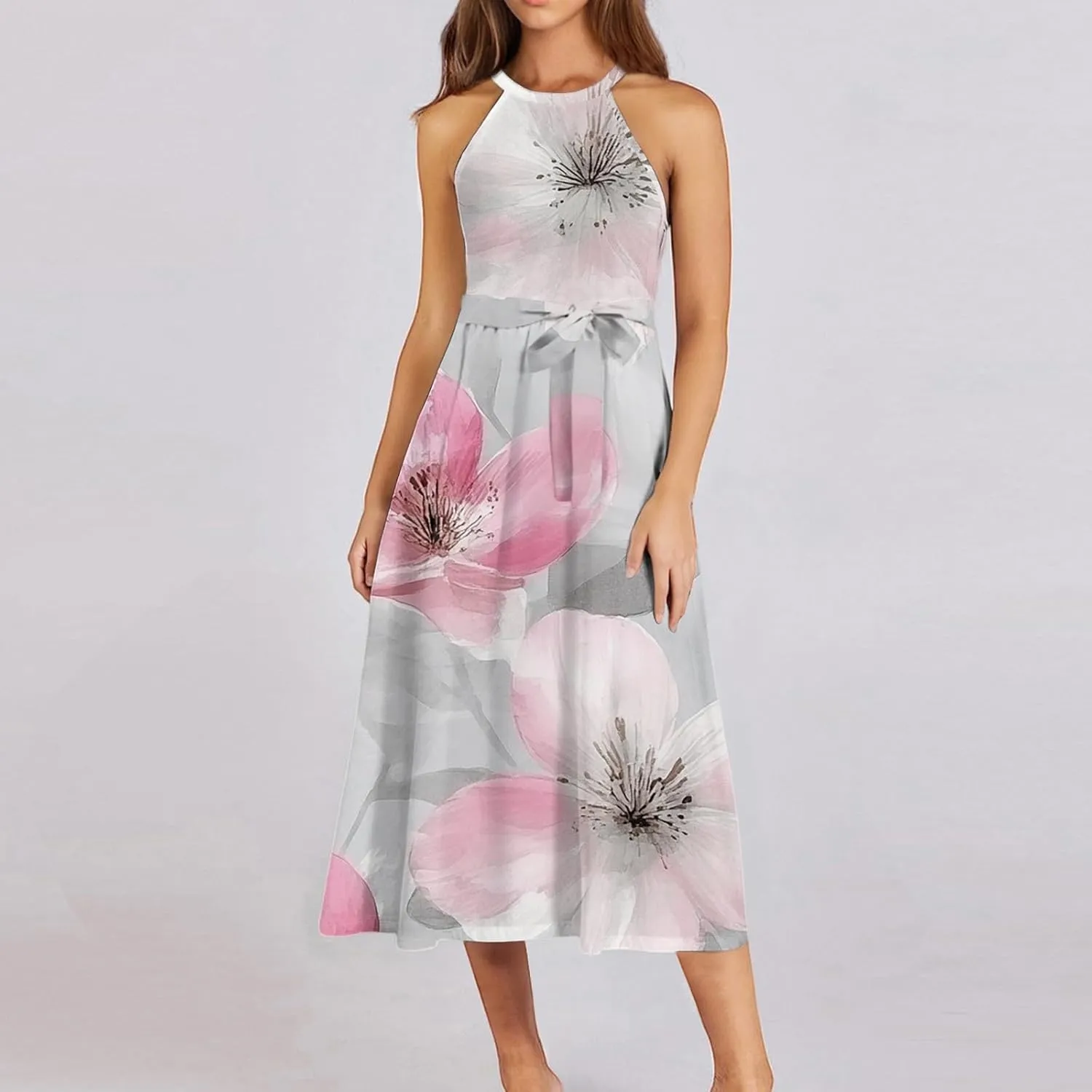 Womens Midi Halter Floral Dresses Casual Summer Flowy A Line Sundress Tie Empire Waist Sleeveless Frocks