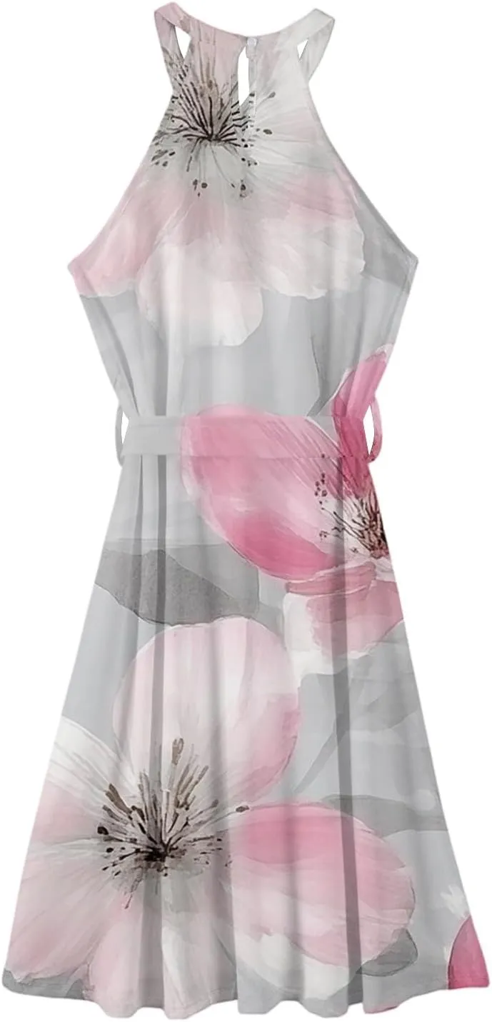Womens Midi Halter Floral Dresses Casual Summer Flowy A Line Sundress Tie Empire Waist Sleeveless Frocks