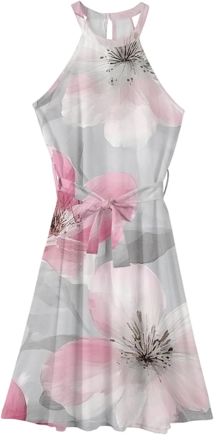Womens Midi Halter Floral Dresses Casual Summer Flowy A Line Sundress Tie Empire Waist Sleeveless Frocks