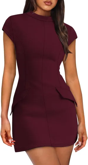 Womens Mini Dress Mock Neck Short Sleeve A Line Dress Summer Casual Bodycon Party Club Short Dresses