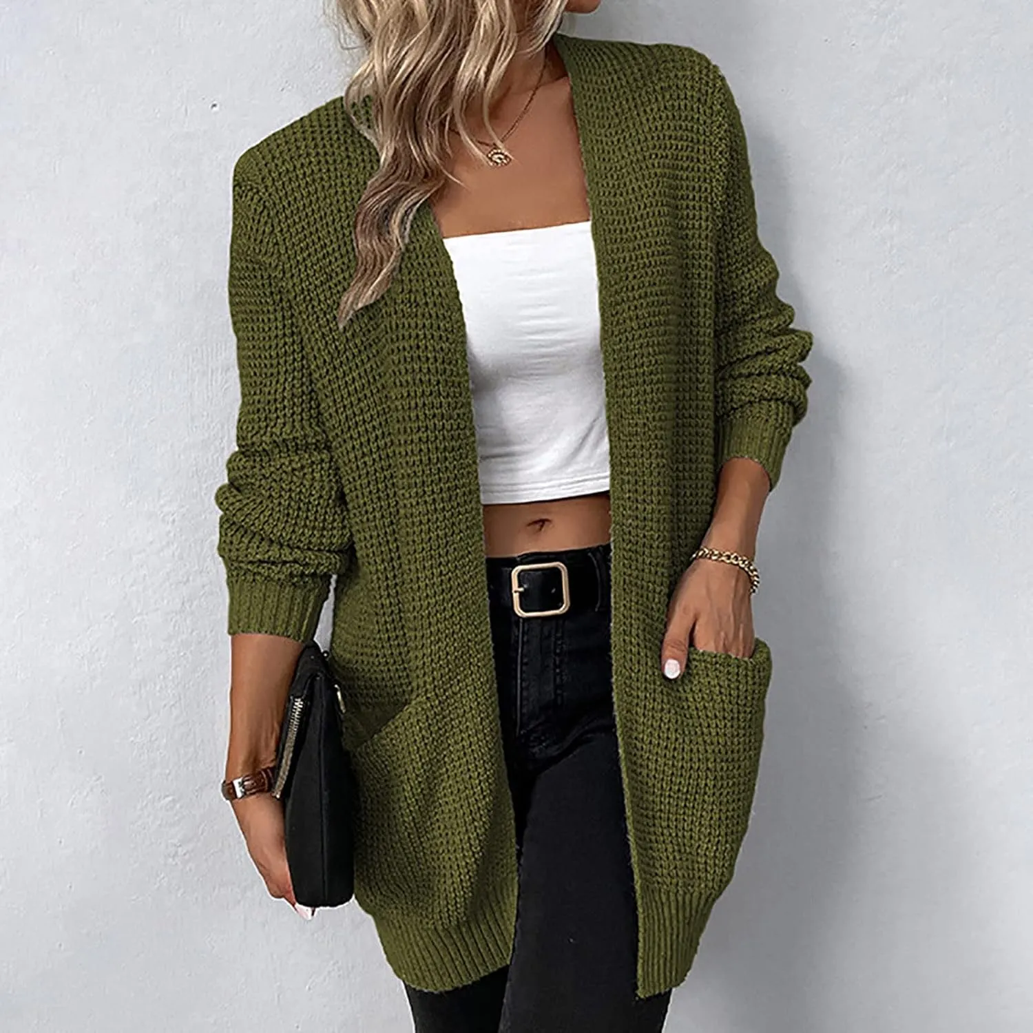 Women's Open Front Cardigan Long Sleeve Sweater Chunky Knit Sweater Loose Solid Color Outerwear Coats with Pockets