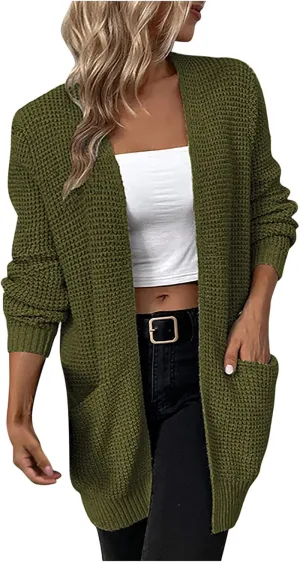 Women's Open Front Cardigan Long Sleeve Sweater Chunky Knit Sweater Loose Solid Color Outerwear Coats with Pockets