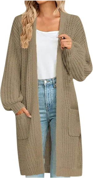 Women's Open Front Cardigan Oversized Chunky Knit Sweater Long Lantern Sleeve Outwear with Pocket 2025 Fashion