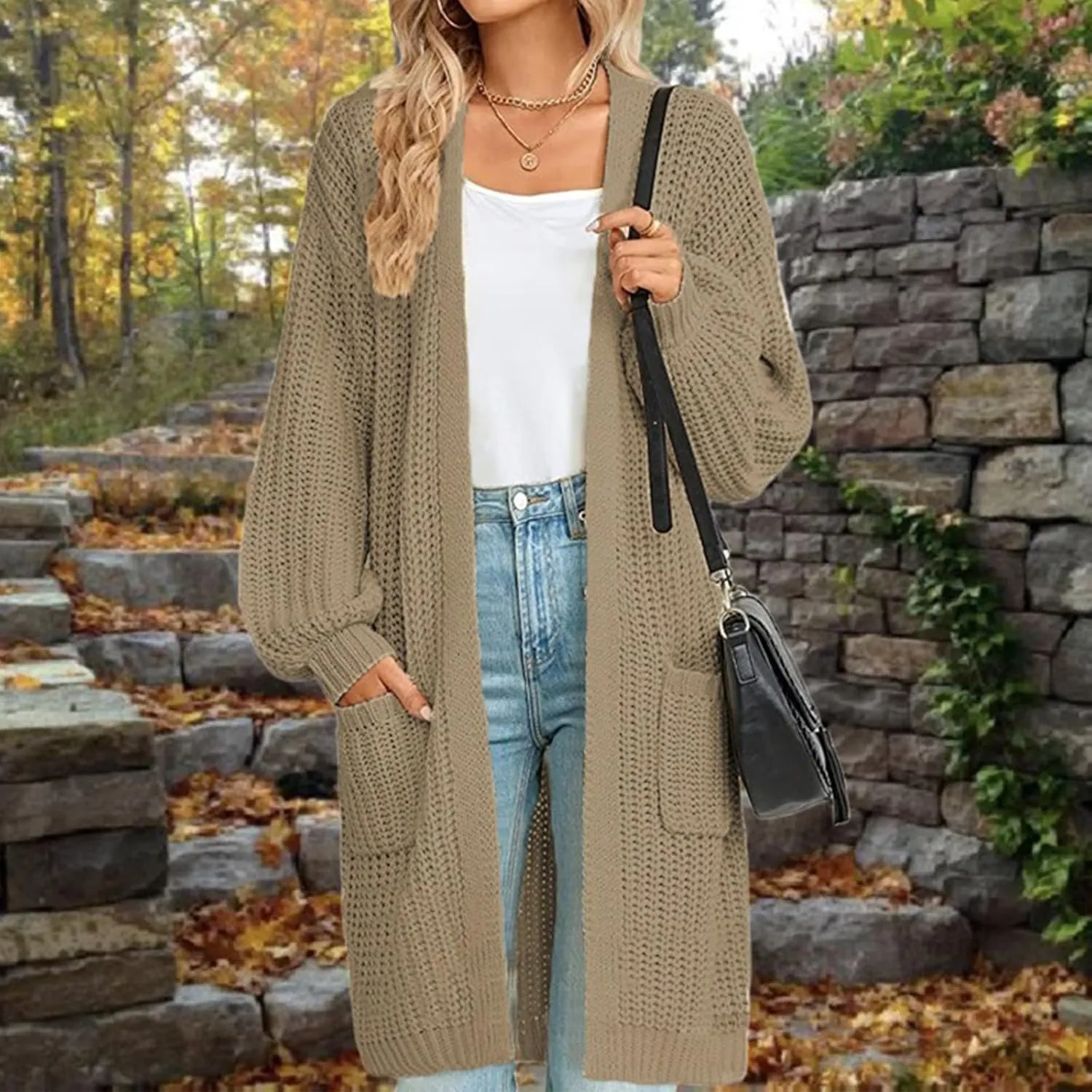 Women's Open Front Cardigan Oversized Chunky Knit Sweater Long Lantern Sleeve Outwear with Pocket 2025 Fashion