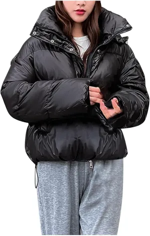 Women's Oversized Lightweight Puffer Jackets Warm Winter Long Sleeve Zip Stand Collar Short Down Coats with Pocket