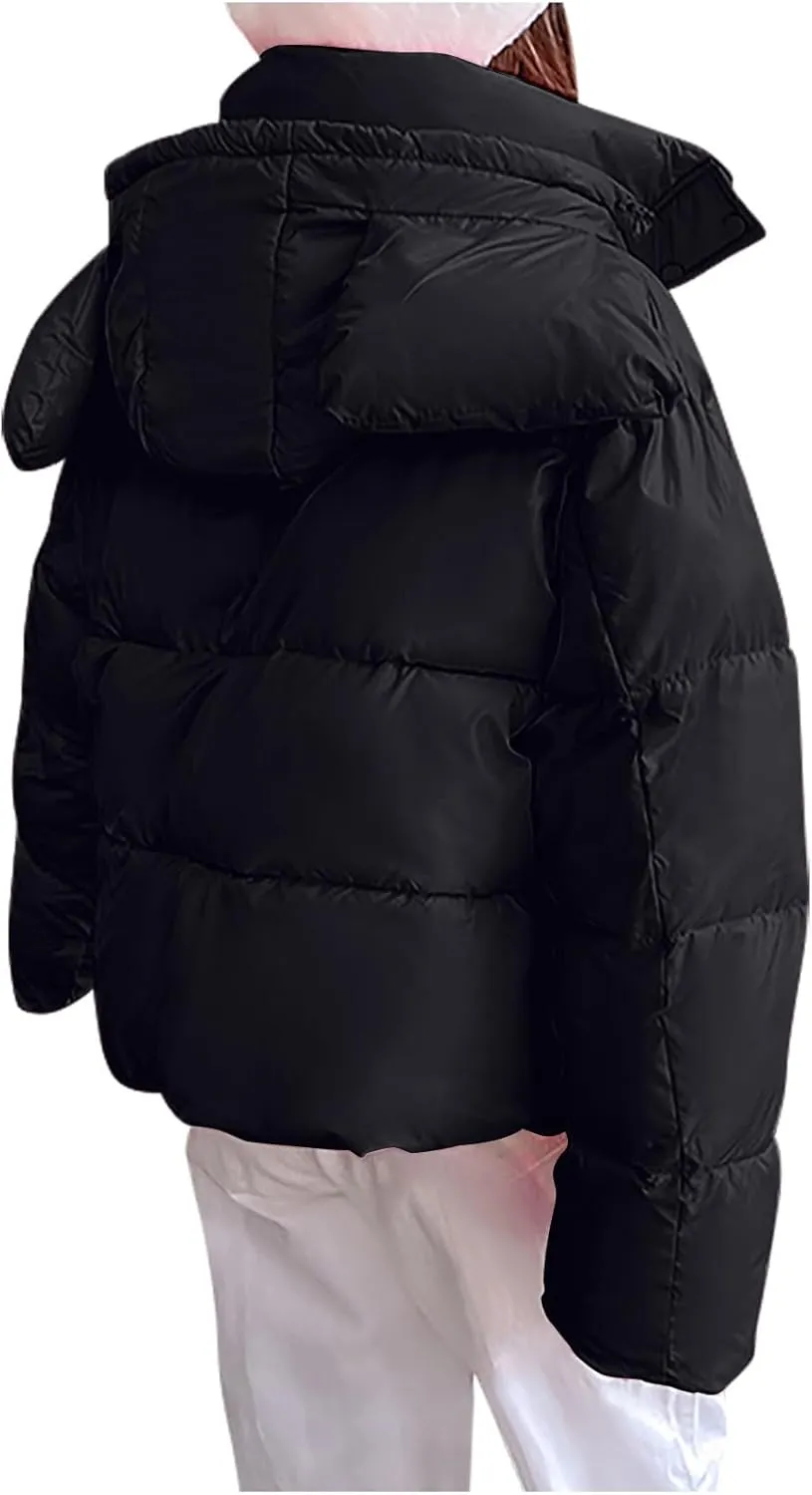 Women's Oversized Lightweight Puffer Jackets Warm Winter Long Sleeve Zip Stand Collar Short Down Coats with Pocket