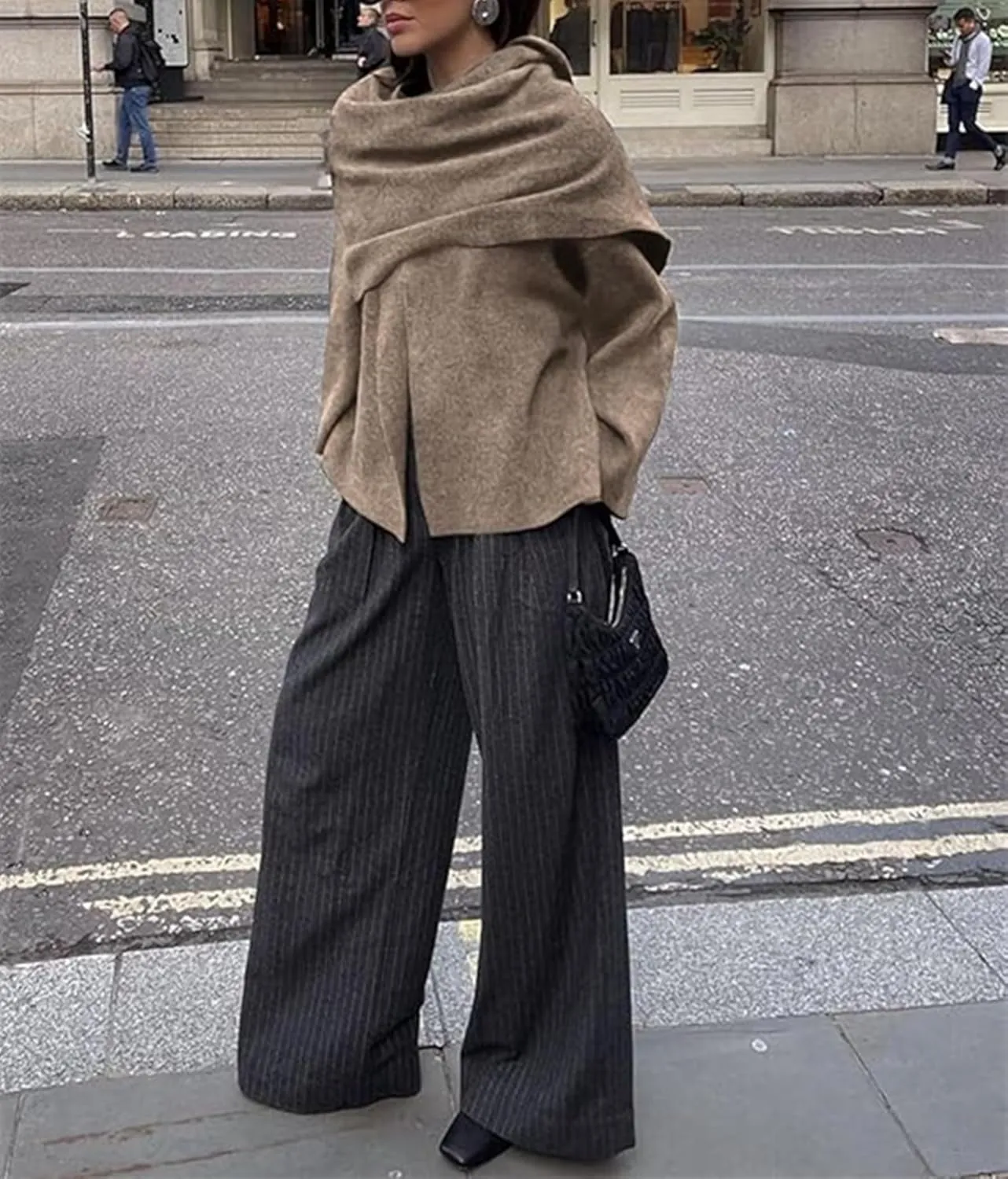 Women's Oversized Scarf Jacket，Wool Blend Long Sleeve Button Overcoats,Side Split Fall Winter Peacoat Shawl Wraps