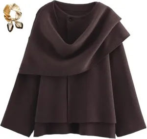 Women's Oversized Scarf Jacket，Wool Blend Long Sleeve Button Overcoats,Side Split Fall Winter Peacoat Shawl Wraps