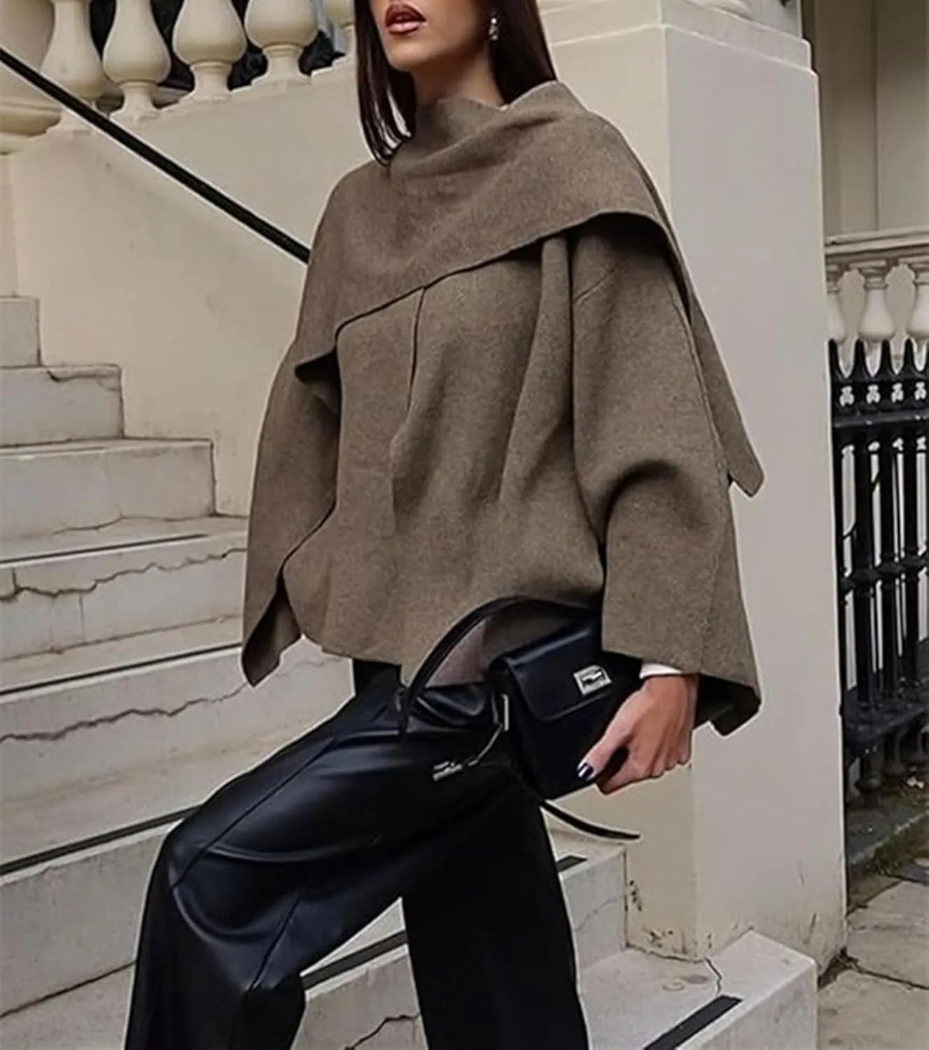 Women's Oversized Scarf Jacket，Wool Blend Long Sleeve Button Overcoats,Side Split Fall Winter Peacoat Shawl Wraps