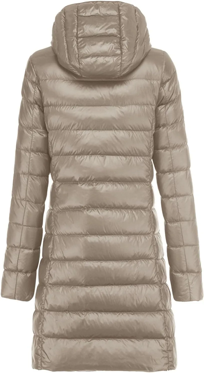 Women's Packable Lightweight Long Down Jacket Casual Solid Color Long Sleeve Windproof Warm Winter Parkas for Women