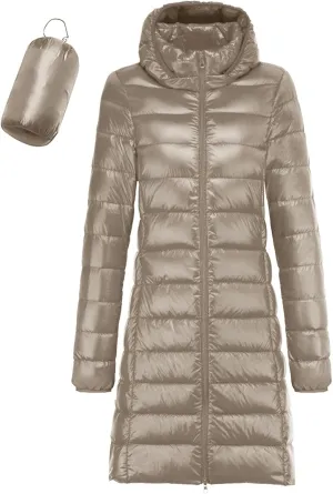 Women's Packable Lightweight Long Down Jacket Casual Solid Color Long Sleeve Windproof Warm Winter Parkas for Women