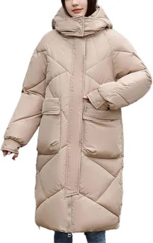 Women's Padded Hooded Long Quilted Puffer Coat Warm Winter Thickened Maxi Down Jacket Baggy Zip Cotton Outwear