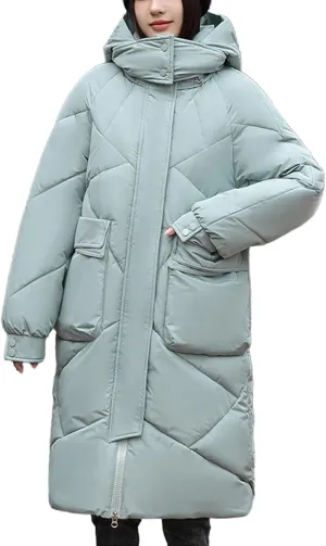 Women's Padded Hooded Long Quilted Puffer Coat Warm Winter Thickened Maxi Down Jacket Baggy Zip Cotton Outwear