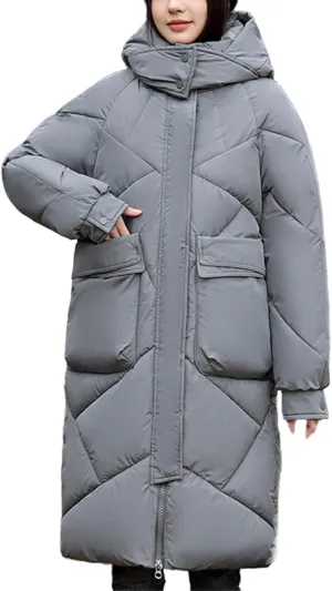 Women's Padded Hooded Long Quilted Puffer Coat Warm Winter Thickened Maxi Down Jacket Baggy Zip Cotton Outwear