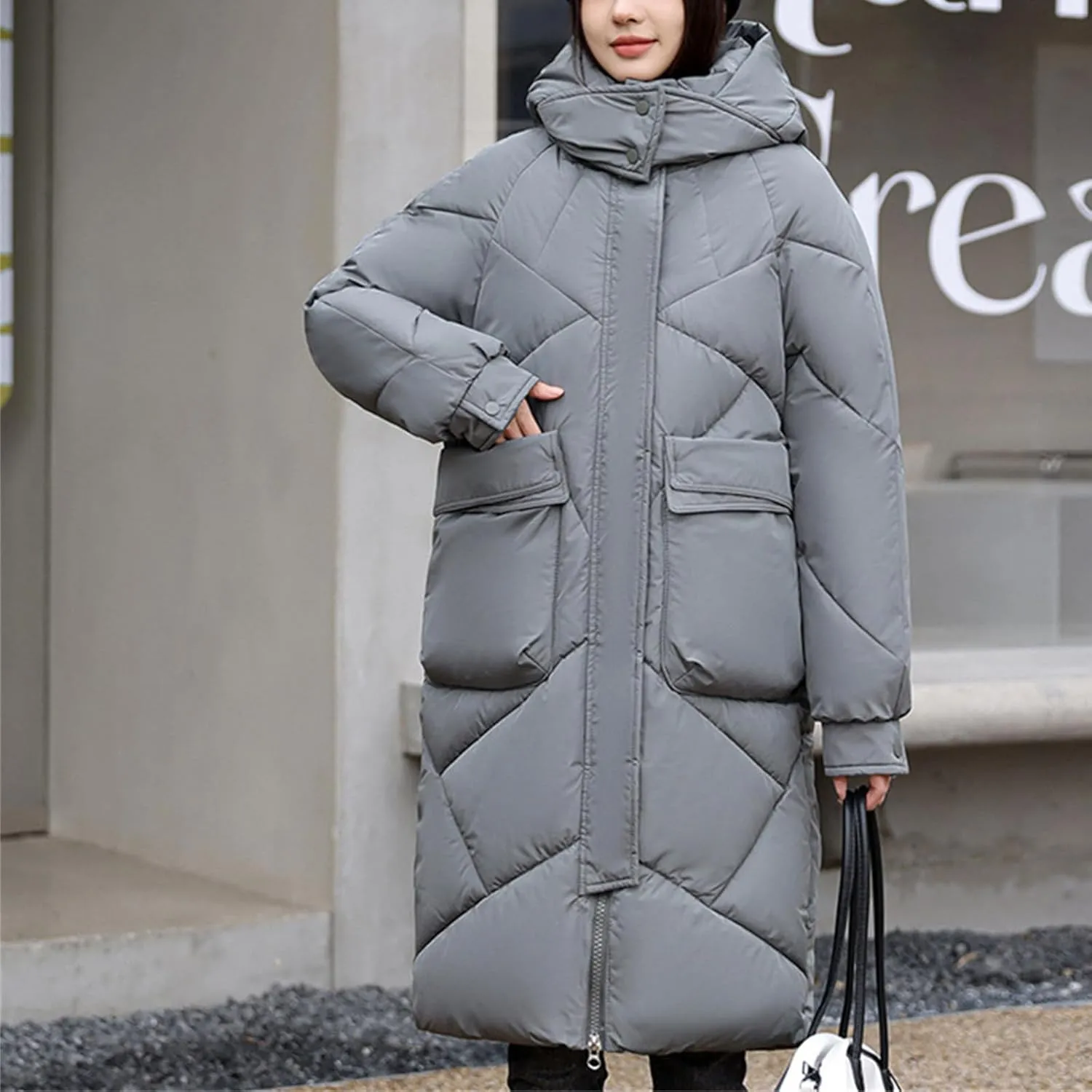 Women's Padded Hooded Long Quilted Puffer Coat Warm Winter Thickened Maxi Down Jacket Baggy Zip Cotton Outwear