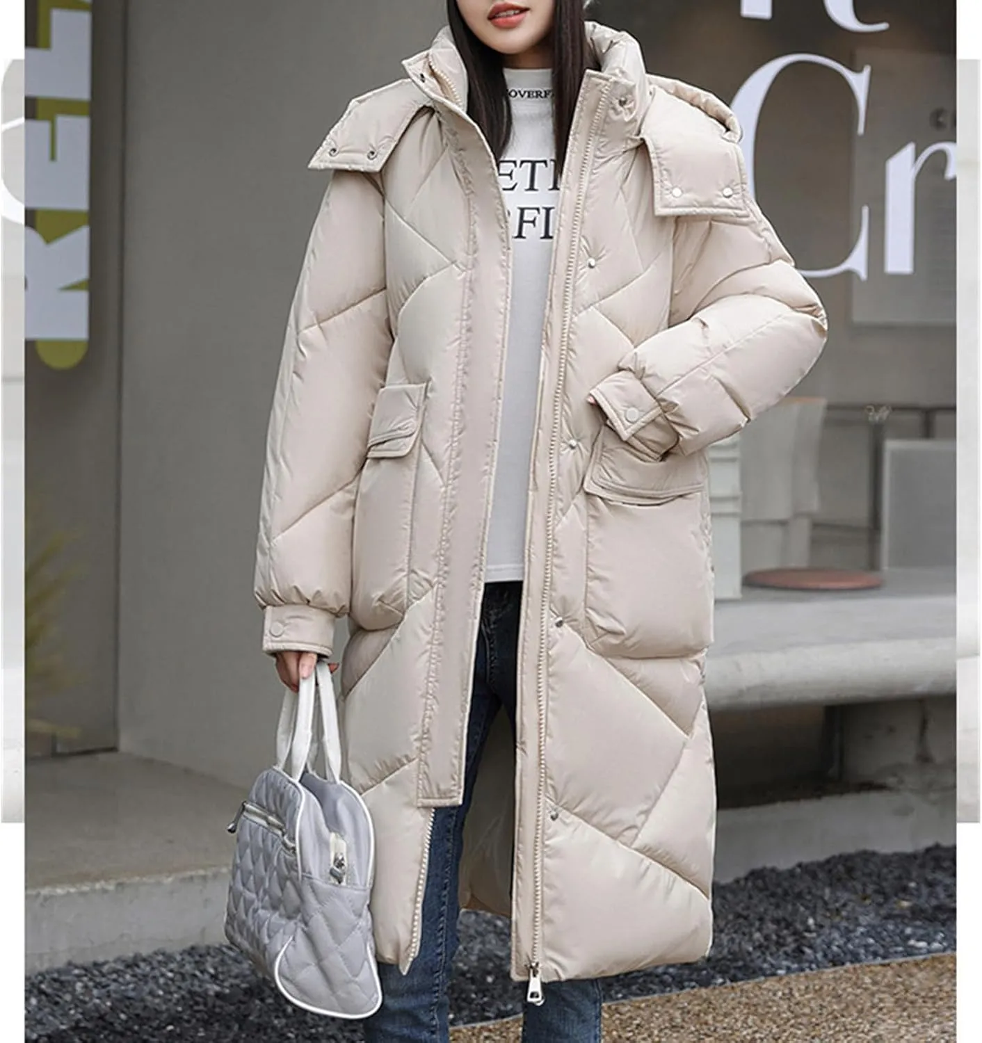 Women's Padded Hooded Long Quilted Puffer Coat Warm Winter Thickened Maxi Down Jacket Baggy Zip Cotton Outwear