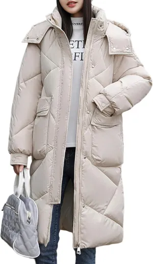 Women's Padded Hooded Long Quilted Puffer Coat Warm Winter Thickened Maxi Down Jacket Baggy Zip Cotton Outwear