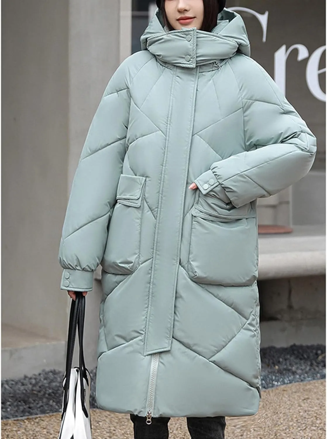 Women's Padded Hooded Long Quilted Puffer Coat Warm Winter Thickened Maxi Down Jacket Baggy Zip Cotton Outwear