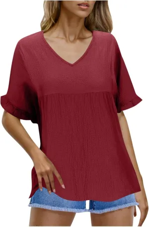 Womens Peplum Blouses Cute Smocked Casual Plain V Neck Ruffle Bell Half Sleeve T Shirts Babydoll Top Dressy