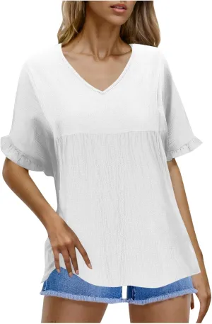 Womens Peplum Blouses Cute Smocked Casual Plain V Neck Ruffle Bell Half Sleeve T Shirts Babydoll Top Dressy