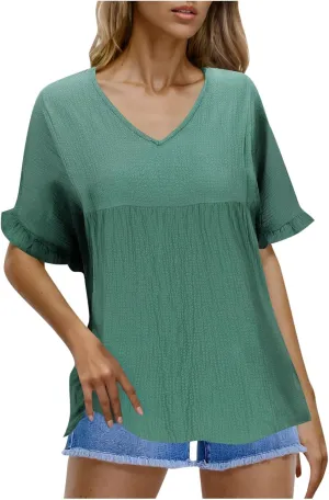 Womens Peplum Blouses Cute Smocked Casual Plain V Neck Ruffle Bell Half Sleeve T Shirts Babydoll Top Dressy