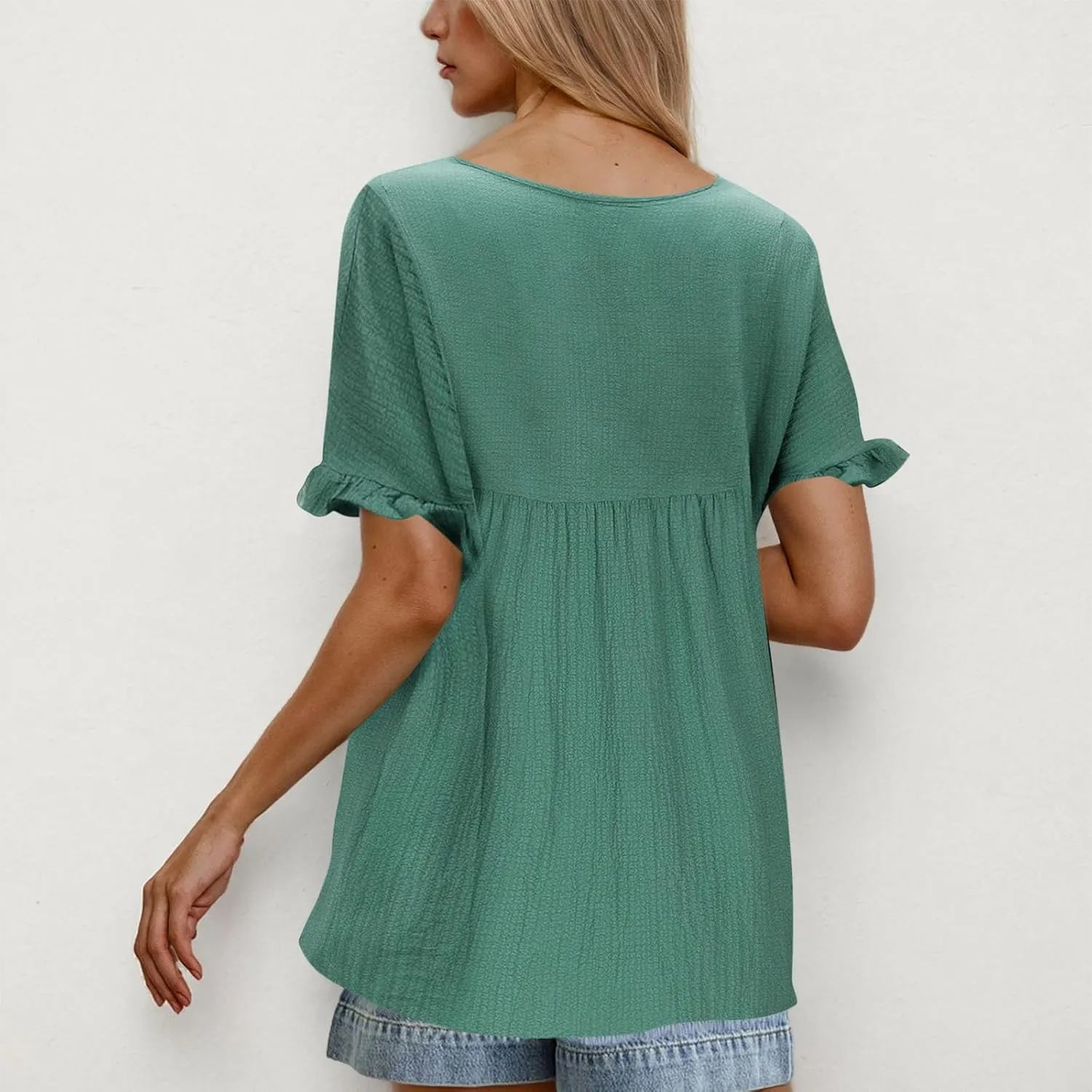 Womens Peplum Blouses Cute Smocked Casual Plain V Neck Ruffle Bell Half Sleeve T Shirts Babydoll Top Dressy