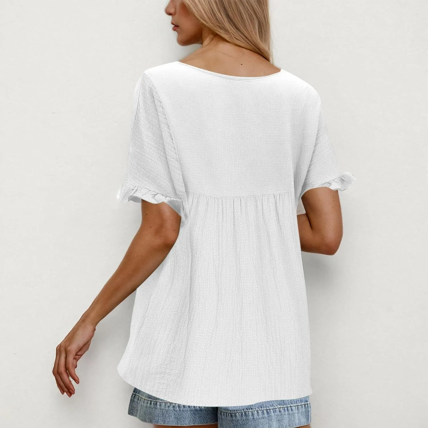 Womens Peplum Blouses Cute Smocked Casual Plain V Neck Ruffle Bell Half Sleeve T Shirts Babydoll Top Dressy