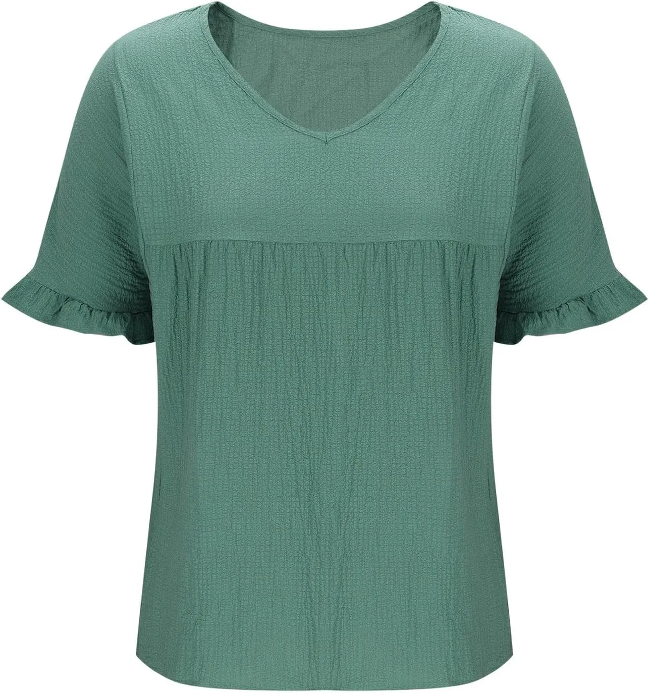 Womens Peplum Blouses Cute Smocked Casual Plain V Neck Ruffle Bell Half Sleeve T Shirts Babydoll Top Dressy