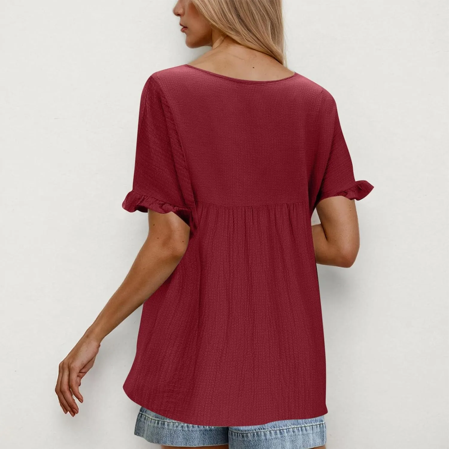Womens Peplum Blouses Cute Smocked Casual Plain V Neck Ruffle Bell Half Sleeve T Shirts Babydoll Top Dressy