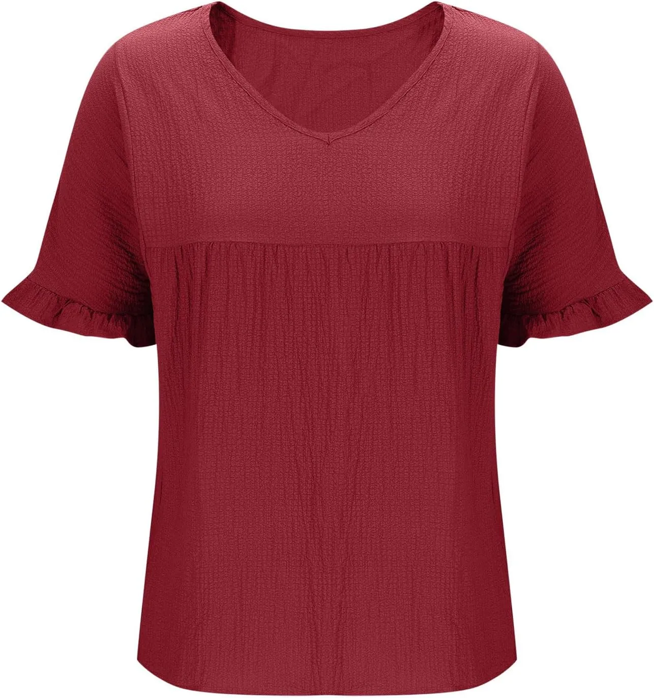 Womens Peplum Blouses Cute Smocked Casual Plain V Neck Ruffle Bell Half Sleeve T Shirts Babydoll Top Dressy