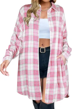 Womens Plaid Shacket Jacket Long Sleeve Button Down Shirt Oversized Lightweight Boyfriend Jacket Fall Fashion Coat