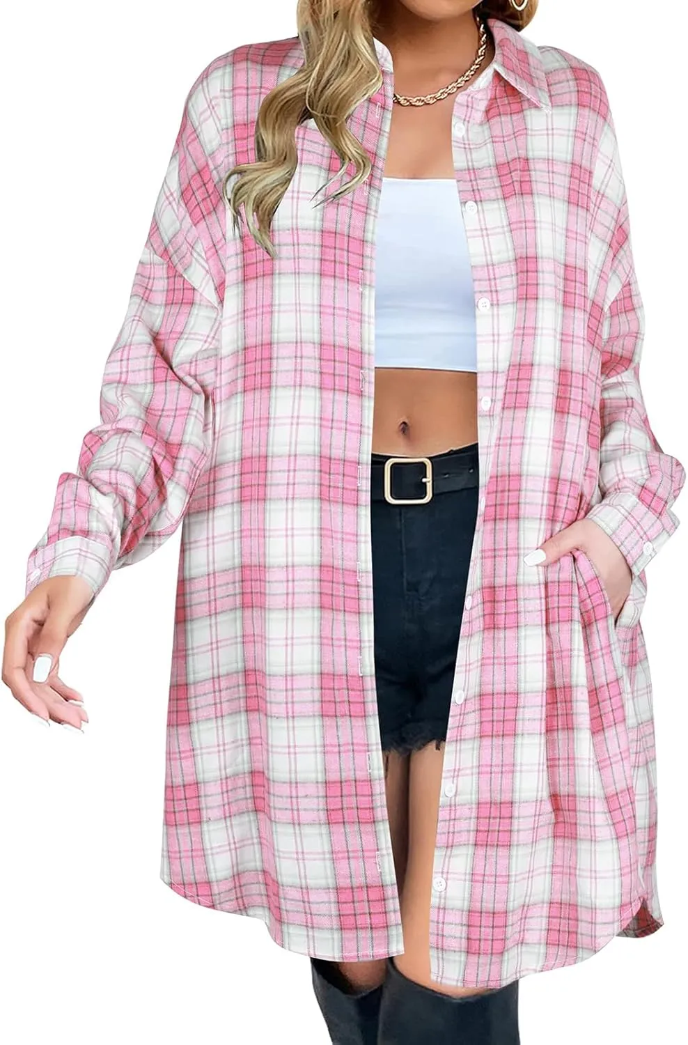 Womens Plaid Shacket Jacket Long Sleeve Button Down Shirt Oversized Lightweight Boyfriend Jacket Fall Fashion Coat