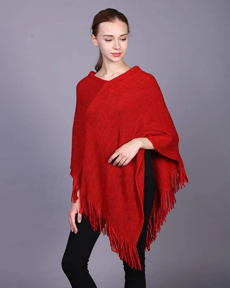 Womens Poncho Sweater V Neck Knitted Pullover Shawls Wraps Capes with Fringes Gifts for Women Mom
