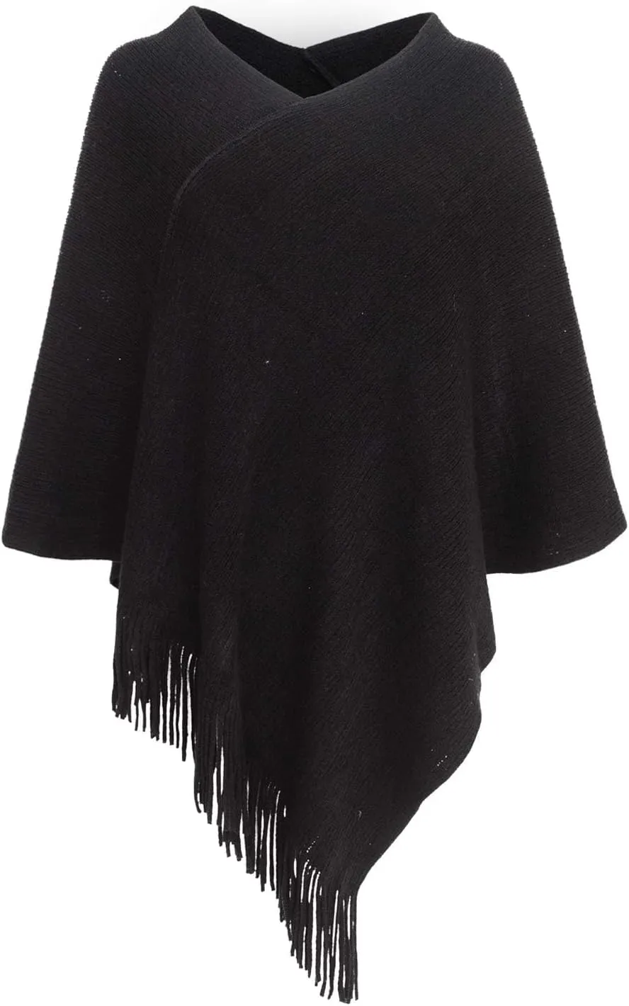 Womens Poncho Sweater V Neck Knitted Pullover Shawls Wraps Capes with Fringes Gifts for Women Mom